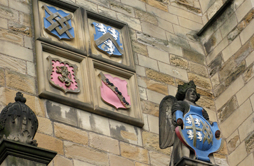 Coats of arms of John Cosin, whose bishopric in the seventeenth century was marked by extensive refurbishment of the Castle and Cathedral, giving him an ideal opportunity to put his coat of arms on the two buildings, especially the Castle, his residence. 